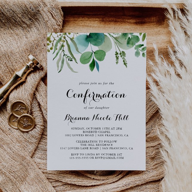 Green Eucalyptus Modern Calligraphy Confirmation Invitation (Creator Uploaded)