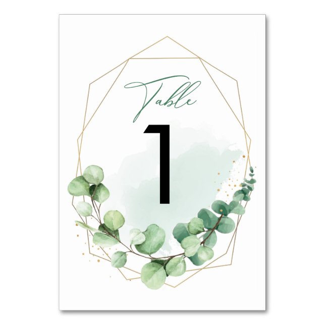Green Eucalyptus Modern Elegant Wedding Table Number (Front)