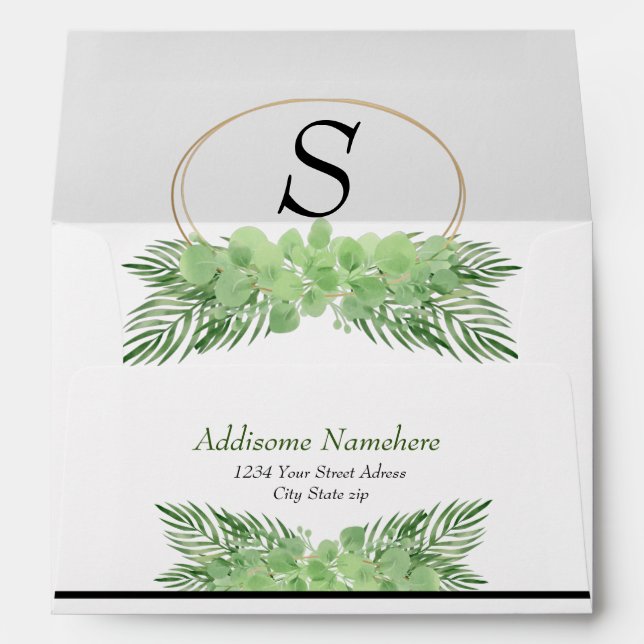 Green Eucalyptus Palm leaves Elegant Wedding Envel Envelope (Back (Bottom))