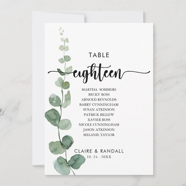 Green Eucalyptus Table Number 18 Seating Chart (Front)