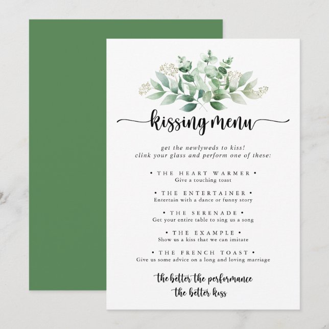 Green Eucalyptus Wedding Kissing Menu Game Card (Front/Back)