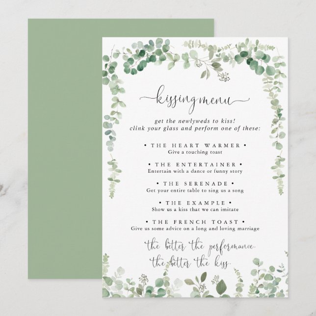 Green Eucalyptus Wedding Kissing Menu Game Card (Front/Back)