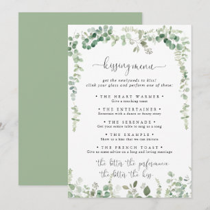 Green Eucalyptus Wedding Kissing Menu Game Card
