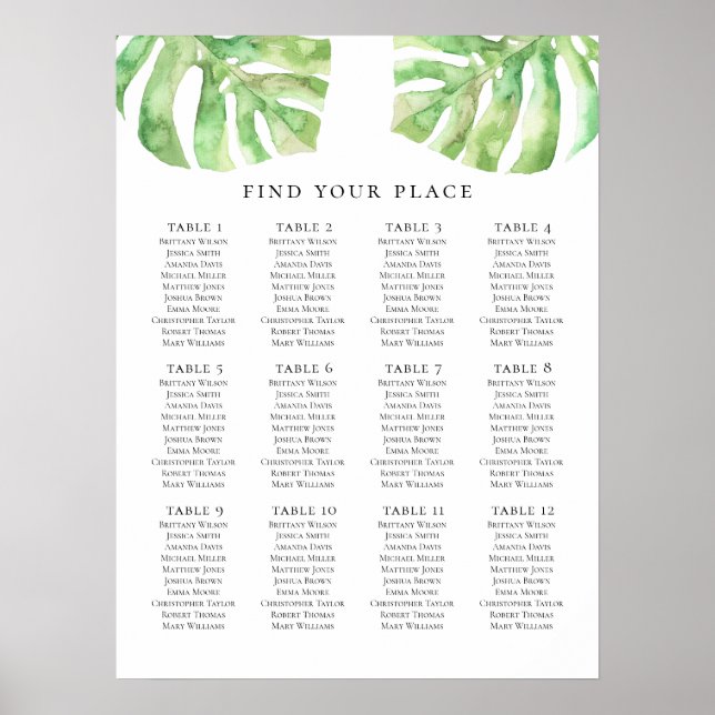 Green exotic seating chart print. Tropical wedding (Front)