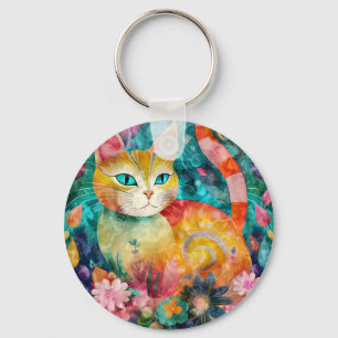 Green Eye Cat Surrounded by Array of Flowers Keychain