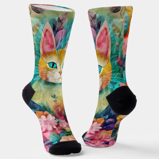 Green Eye Cat Surrounded by Array of Flowers Socks (Angled)