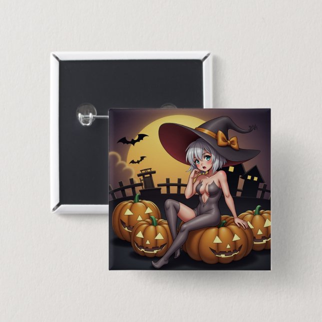 Green Eye Halloween Witch on Jack-O-Lantern's 2 Inch Square Button (Front & Back)