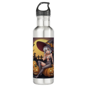 Green Eye Halloween Witch on Jack-O-Lantern's 710 Ml Water Bottle