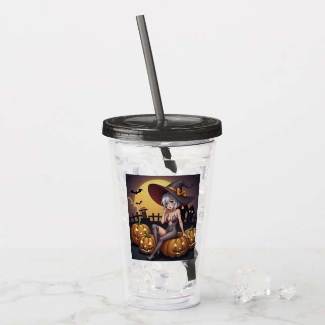 Green Eye Halloween Witch on Jack-O-Lantern's Acrylic Tumbler (Front Ice)