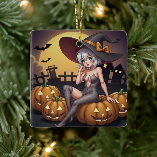 Green Eye Halloween Witch on Jack-O-Lantern's Ceramic Ornament (Tree)