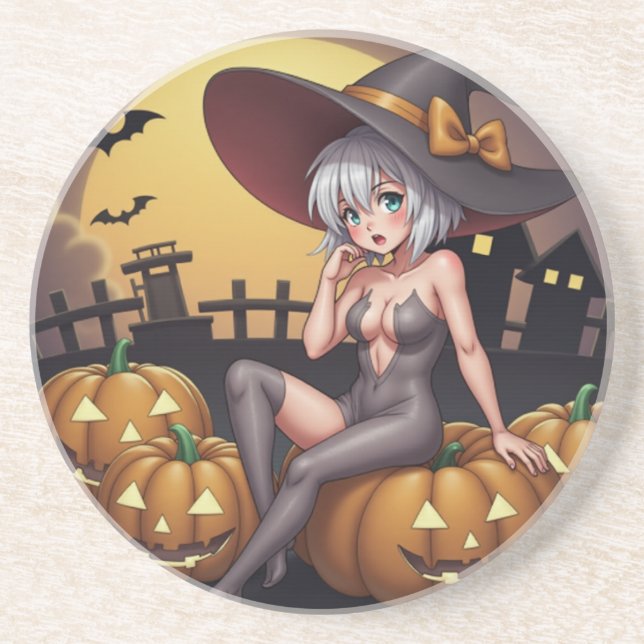 Green Eye Halloween Witch on Jack-O-Lantern's Coaster (Front)