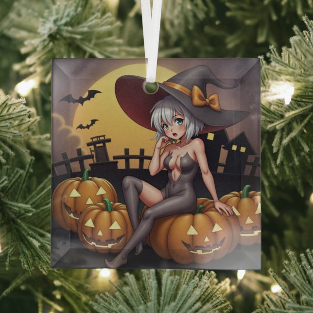 Green Eye Halloween Witch on Jack-O-Lantern's Glass Ornament (Insitu)