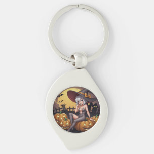 Green Eye Halloween Witch on Jack-O-Lantern's Keychain