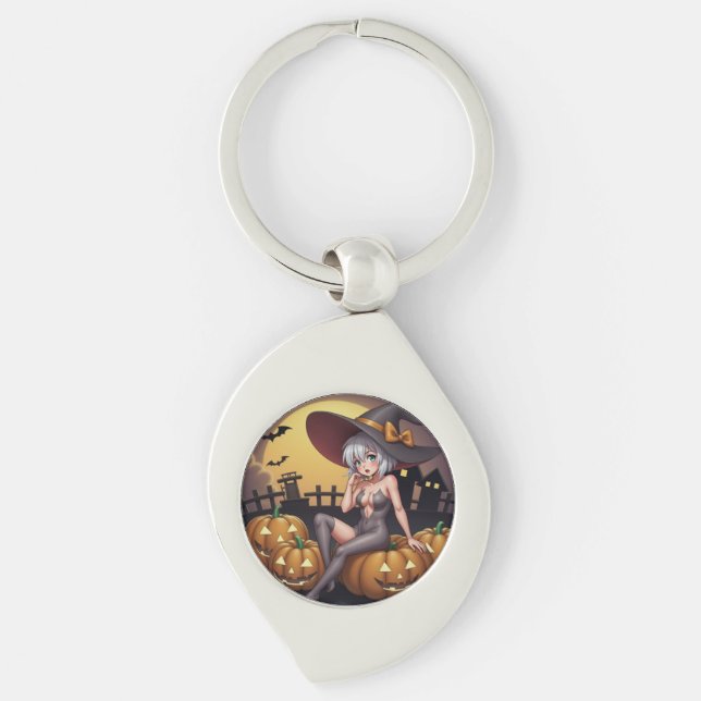 Green Eye Halloween Witch on Jack-O-Lantern's Keychain (Front)