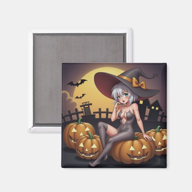 Green Eye Halloween Witch on Jack-O-Lantern's Magnet (Front/Back)
