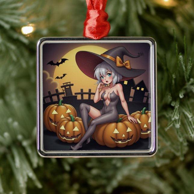 Green Eye Halloween Witch on Jack-O-Lantern's Metal Ornament (Tree)