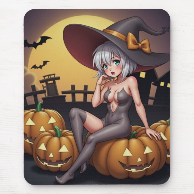 Green Eye Halloween Witch on Jack-O-Lantern's Mouse Pad (Front)