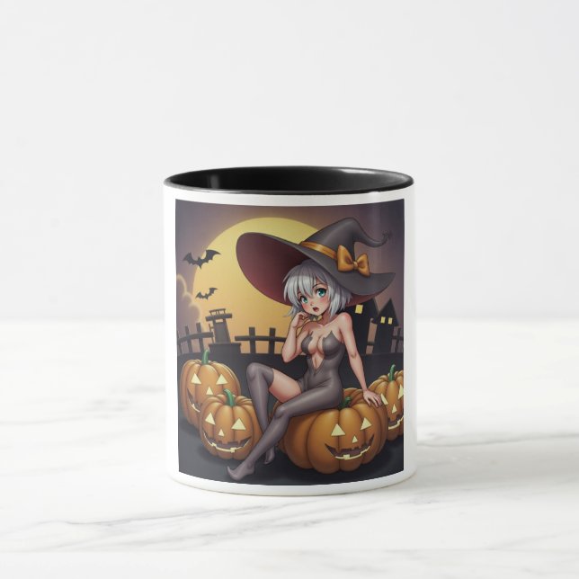 Green Eye Halloween Witch on Jack-O-Lantern's Mug (Center)