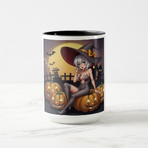 Green Eye Halloween Witch on Jack-O-Lantern's Mug