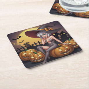 Green Eye Halloween Witch on Jack-O-Lantern's Square Paper Coaster