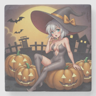 Green Eye Halloween Witch on Jack-O-Lantern's Stone Coaster