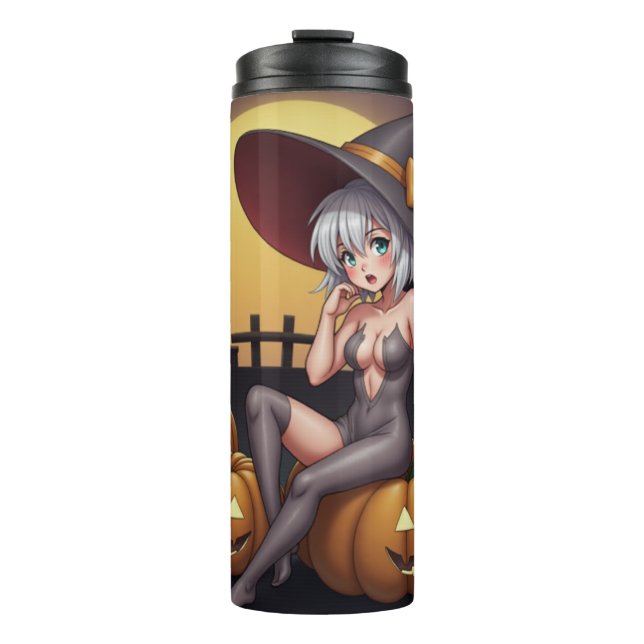 Green Eye Halloween Witch on Jack-O-Lantern's Thermal Tumbler (Front)