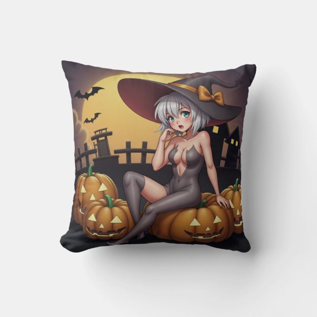 Green Eye Halloween Witch on Jack-O-Lantern's Throw Pillow (Front)