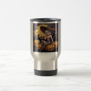 Green Eye Halloween Witch on Jack-O-Lantern's Travel Mug