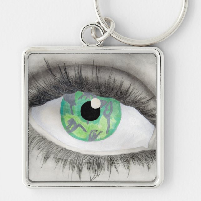Green Eye With Dancer Silhouettes in Iris Keychain (Front)