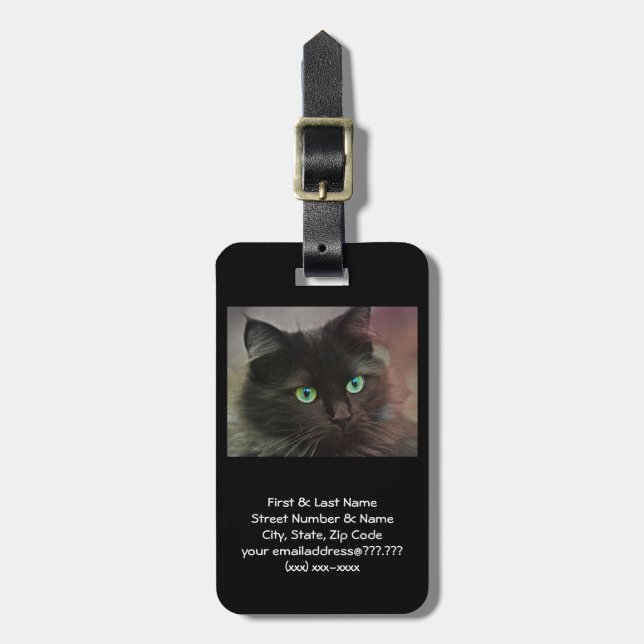 Green Eyed Black Cat Bag Tag (Front Vertical)