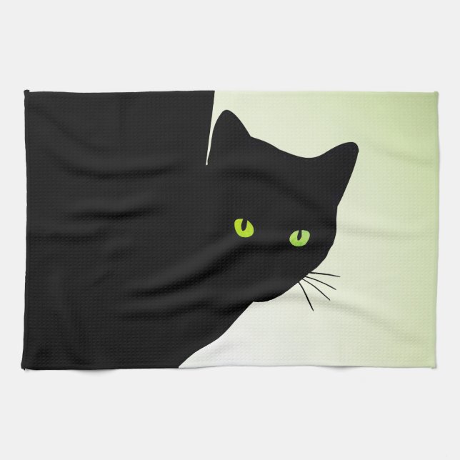 Green Eyed Black Cat Kitchen Towel (Horizontal)