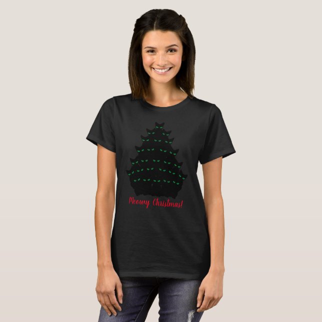 Green-Eyed Black Cats Christmas Tree T-Shirt (Front Full)