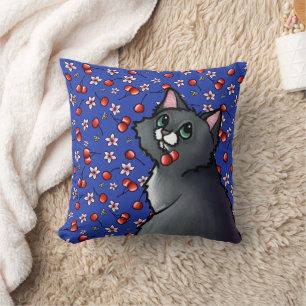 Green Eyed Cat Cherries Throw Pillow