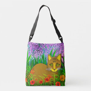 Green Eyed Cat in a Flower Garden Crossbody Bag