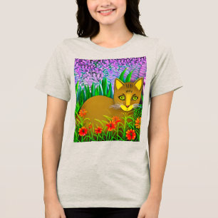 Green Eyed Cat in a Flower Garden Tri-Blend Shirt