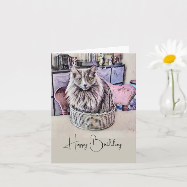 Green-Eyed Cat In Basket Birthday Card (Small Plant)