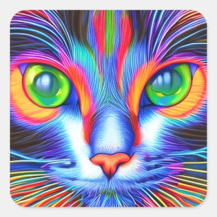 Green Eyed Colourful Ai Generated Cat Square Sticker