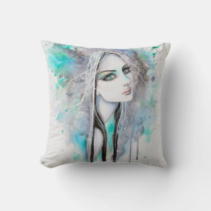 Green Eyed Ghost Abstract Fantasy Art Portrait Throw Pillow
