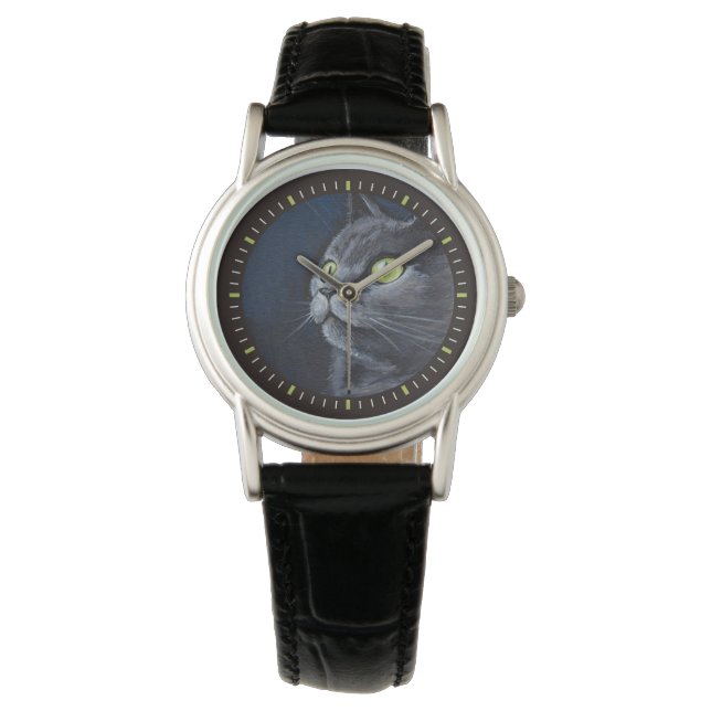 Green Eyed Grey Cat Painting Watch (Front)