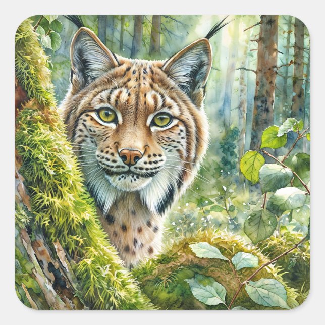 Green-Eyed Lynx Staring Square Sticker (Front)