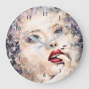 Green Eyed Pretty Woman Abstract Original Painting Large Clock