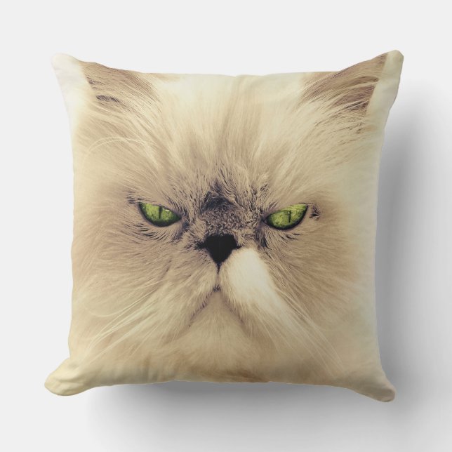 Green Eyed White Persian Cat Throw Pillow (Front)