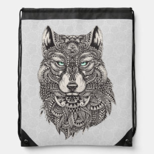 Green Eyed Wolf Detailed Illustration Drawstring Bag