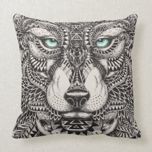 Green Eyed Wolf Ornate Illustration Throw Pillow