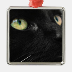 Green Eyes - Black Cat Metal Ornament