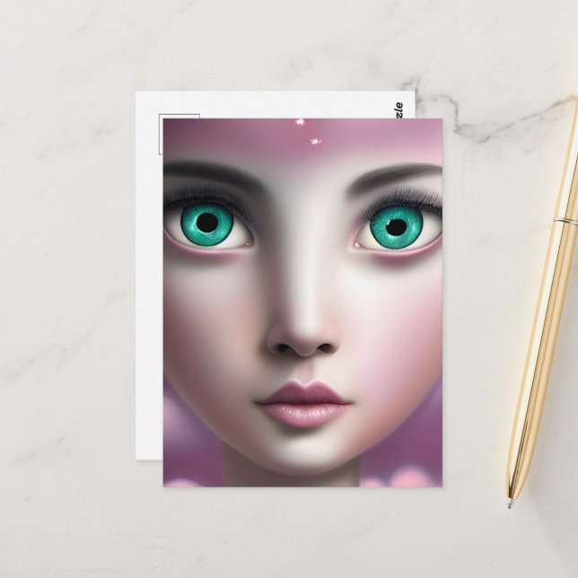 Green Eyes Face in Pink Clouds Postcard (Front/Back In Situ)