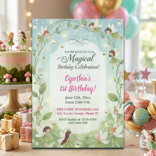 Green Fairies Forest Fireflies 1st Birthday Party Invitation