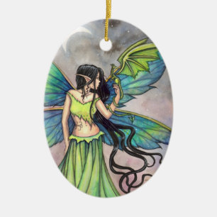 Green Fairy and Dragon Fantasy Art Ceramic Ornament