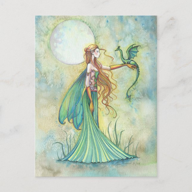 Green Fairy and Dragon Fantasy Art Postcard (Front)