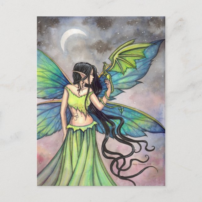 Green Fairy and Dragon Fantasy Art Postcard (Front)